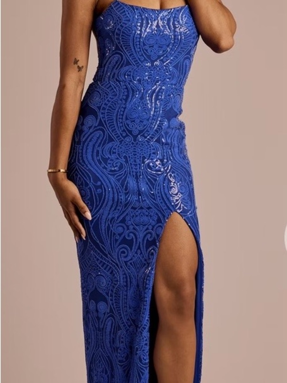 Elegant Strapless Royal Blue Lace Gown with Side Slit